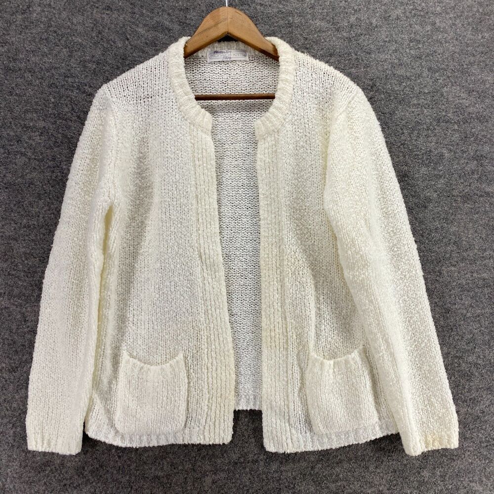 Monarch Knits Cardigan Women M Medium White Knit Open Front Crew Neck Pockets